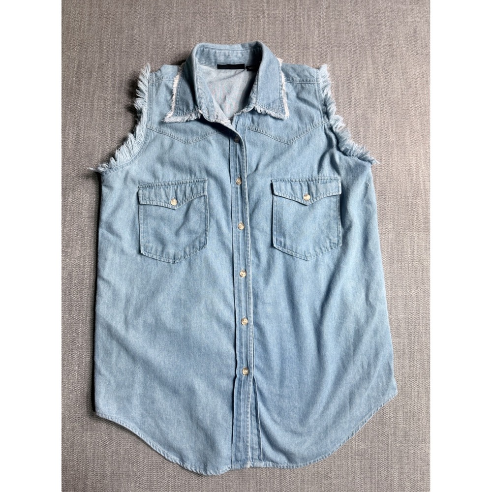 Manisha Womens Light Wash Denim Vest Frayed Raw Edge Western Button Up Medium